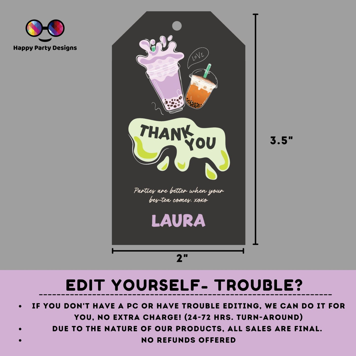 Editable boba tea Thank you tag | Digital tea party printable thank you tag  | Birthday girl | Par-tea Thank You | Personalize Online #K121