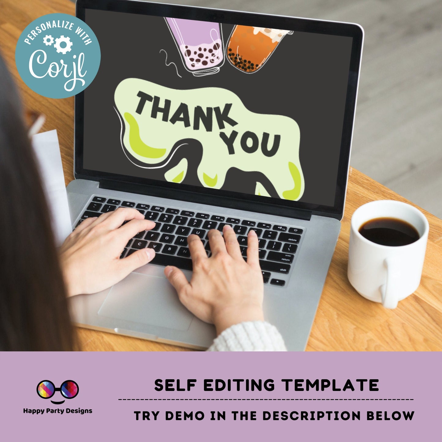 Editable boba tea Thank you tag | Digital tea party printable thank you tag  | Birthday girl | Par-tea Thank You | Personalize Online #K121