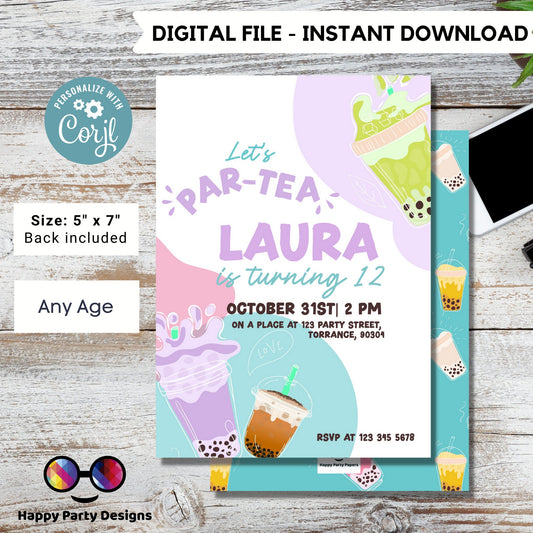 Tea Party birthday Invitation | tea Invite | Boba Tea Party Invitation | Bubble Tea Invite | Par-Tea Invitation  #K121