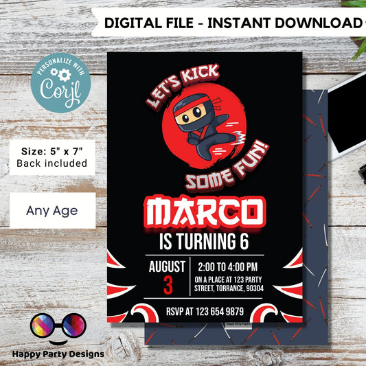 Ninja Birthday Party Invitation | EDITABLE Ninja Warrior Party Invitation Template | Karate Boys Birthday Invite | Lets Kick #K122
