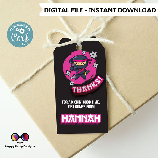 Editable Ninja Birthday Thank You Gift Tags | Ninja Favor Tags | Birthday girl | Karate Tags | Warrior Birthday Favor Tags #K122