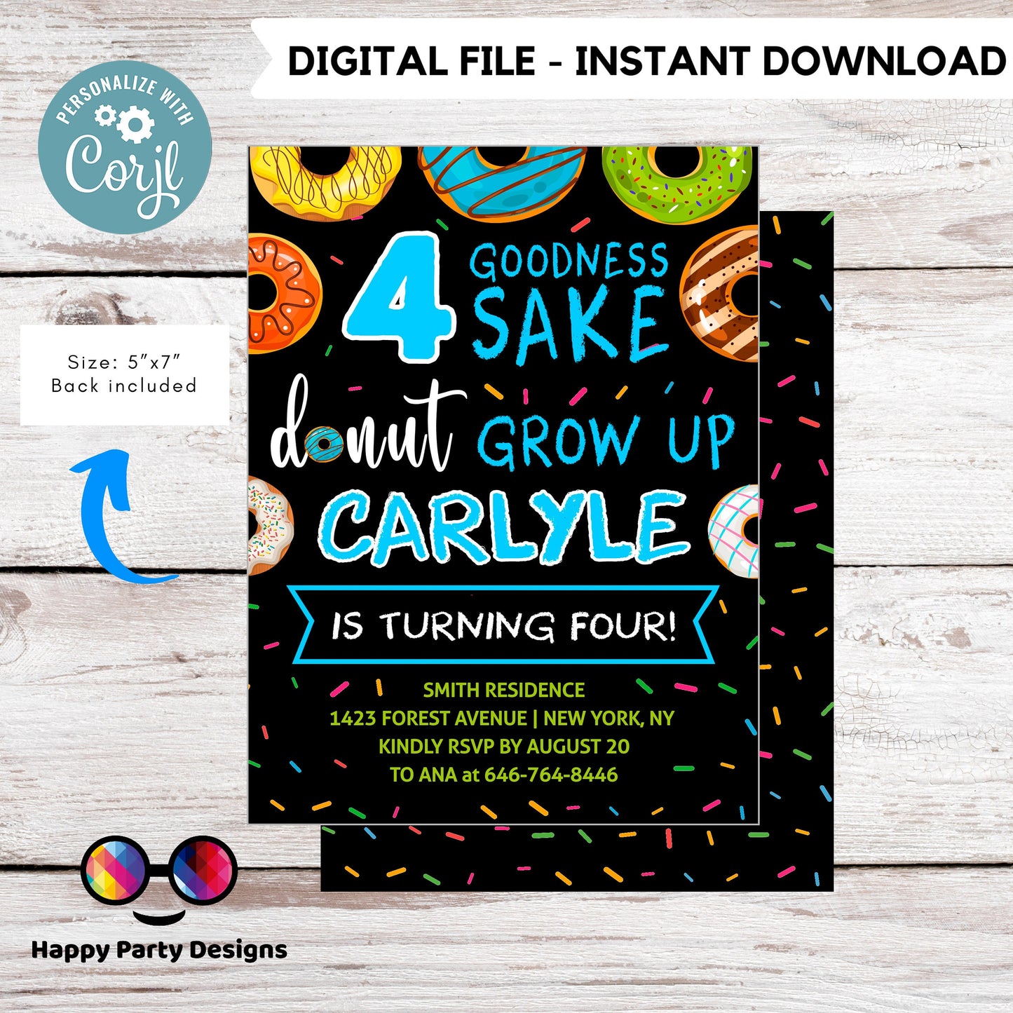 Editable 4 goodness sake donut grow up Birthday Invitation | Boy Invitation | Donut Birthday invitations | Cute Donut Birthday Invite #K123
