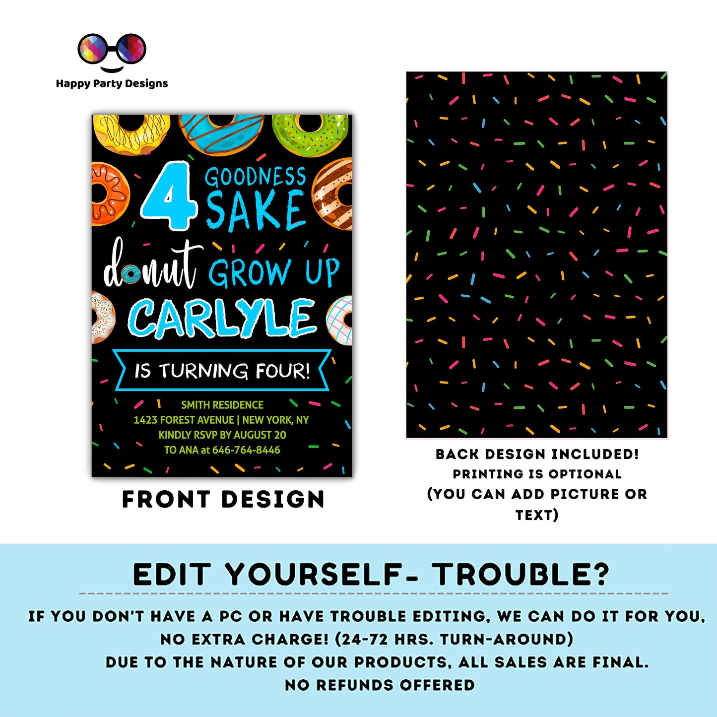 Editable 4 goodness sake donut grow up Birthday Invitation | Boy Invitation | Donut Birthday invitations | Cute Donut Birthday Invite #K123