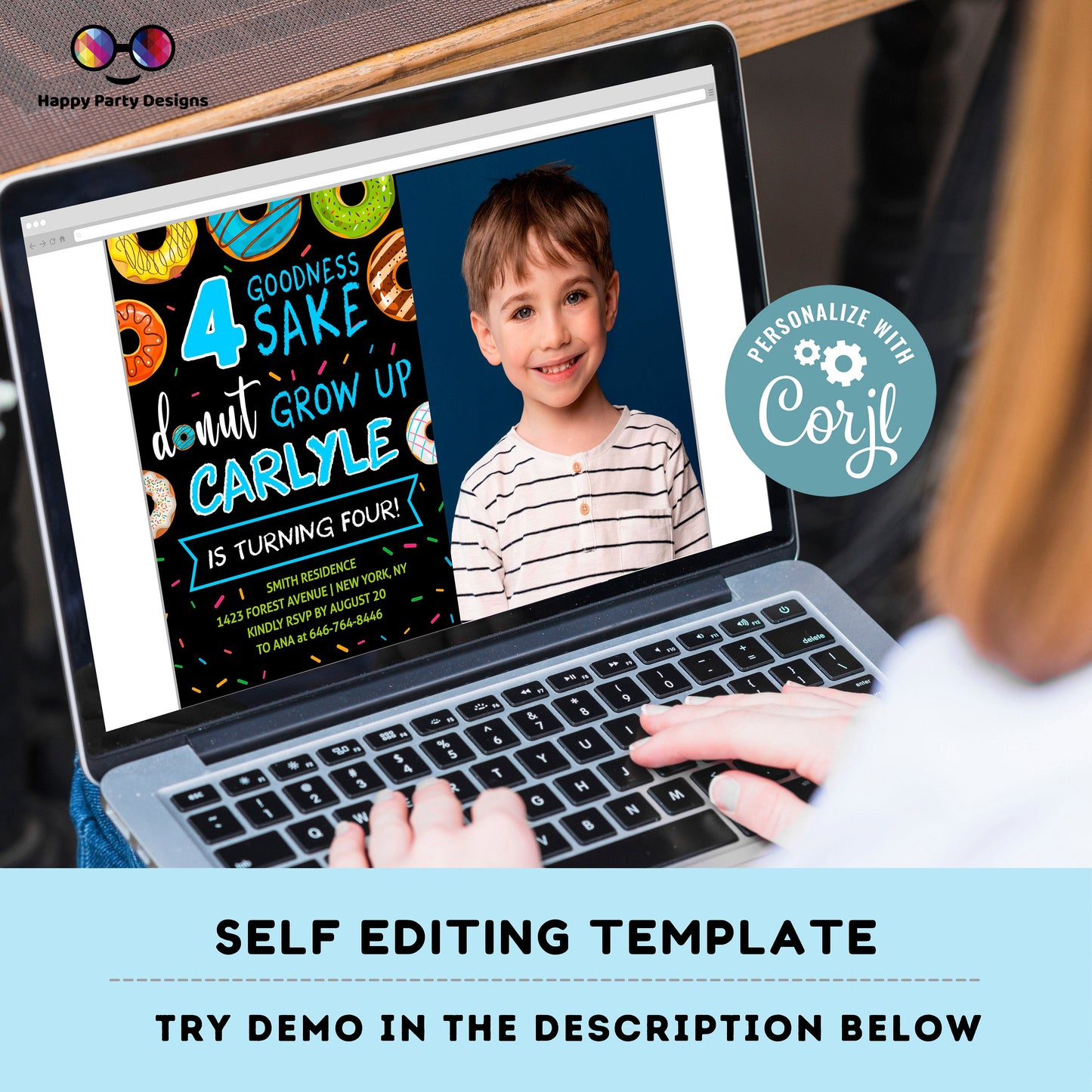 Editable 4 goodness sake donut grow up Birthday Invitation with photo | Boy Invitation | Donut Birthday invitations | Donut party #K123