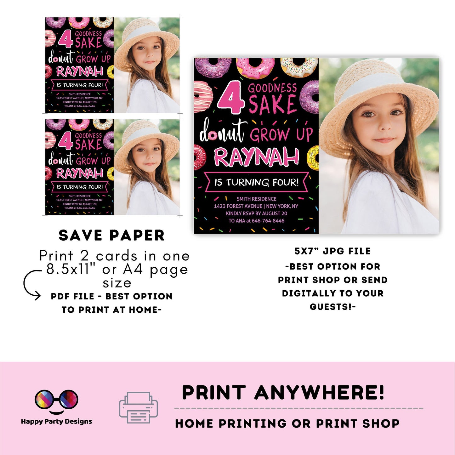 Editable 4 goodness sake donut grow up Birthday Invitation | girl Invitation | Donut Birthday invitations | Cute Donut Birthday Invite #K123