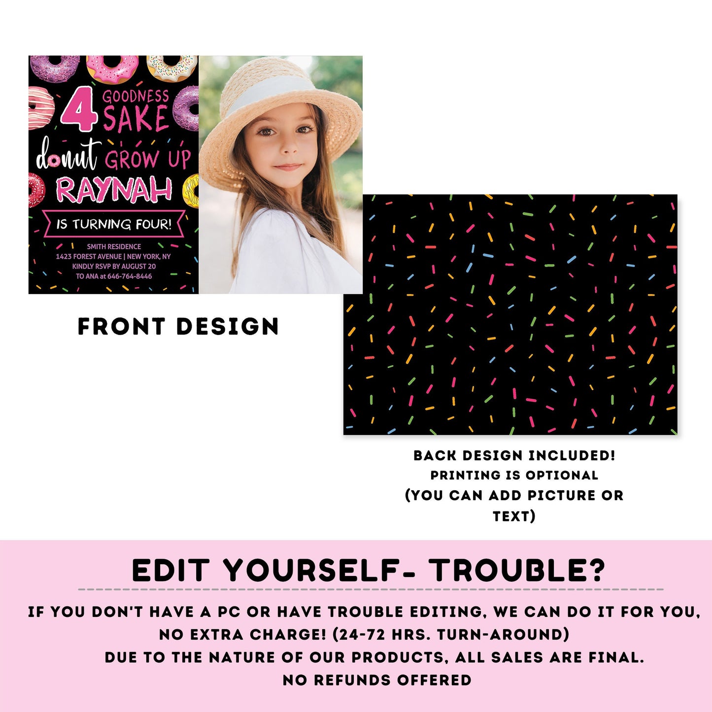 Editable 4 goodness sake donut grow up Birthday Invitation | girl Invitation | Donut Birthday invitations | Cute Donut Birthday Invite #K123