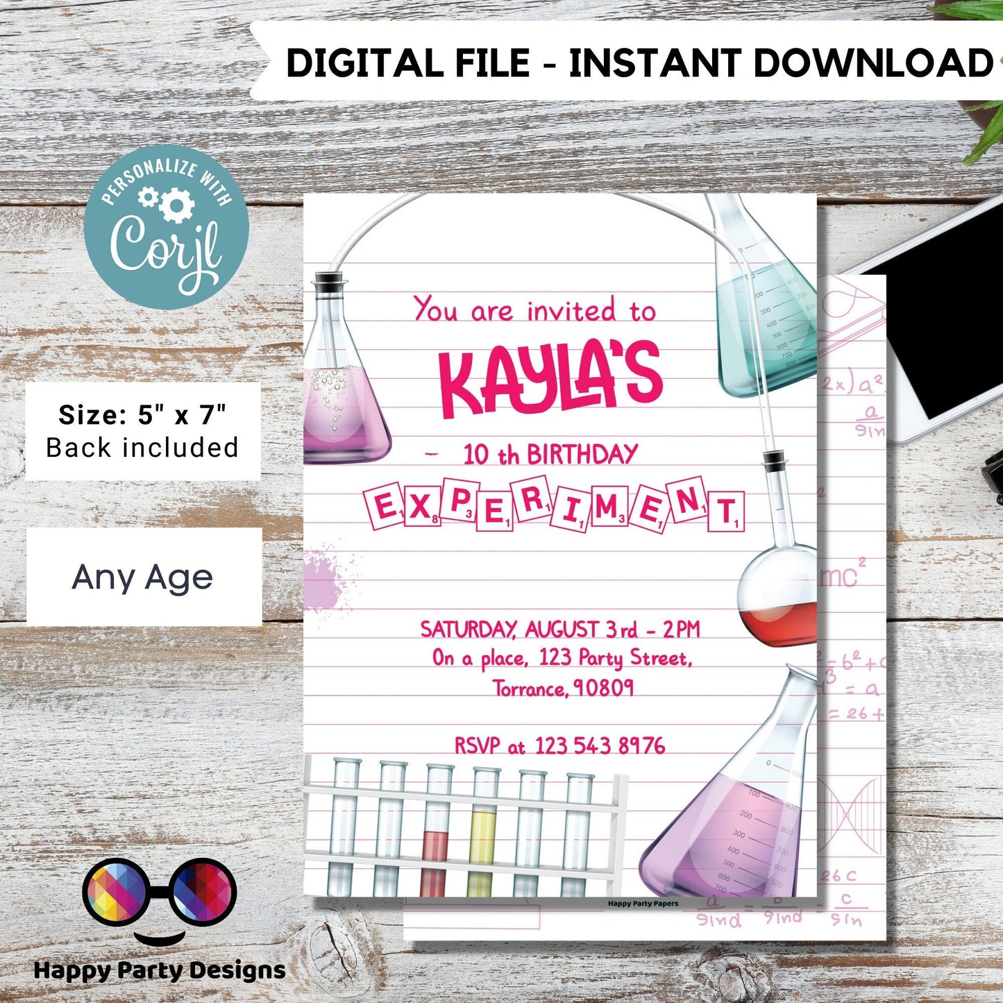 Science Party Invitation | Mad Scientist Invitations | Birthday girl | Invite Editable Science Birthday | girl's Science Birthday #K124