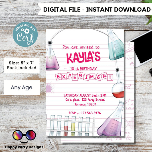 Science Party Invitation | Mad Scientist Invitations | Birthday girl | Invite Editable Science Birthday | girl's Science Birthday #K124