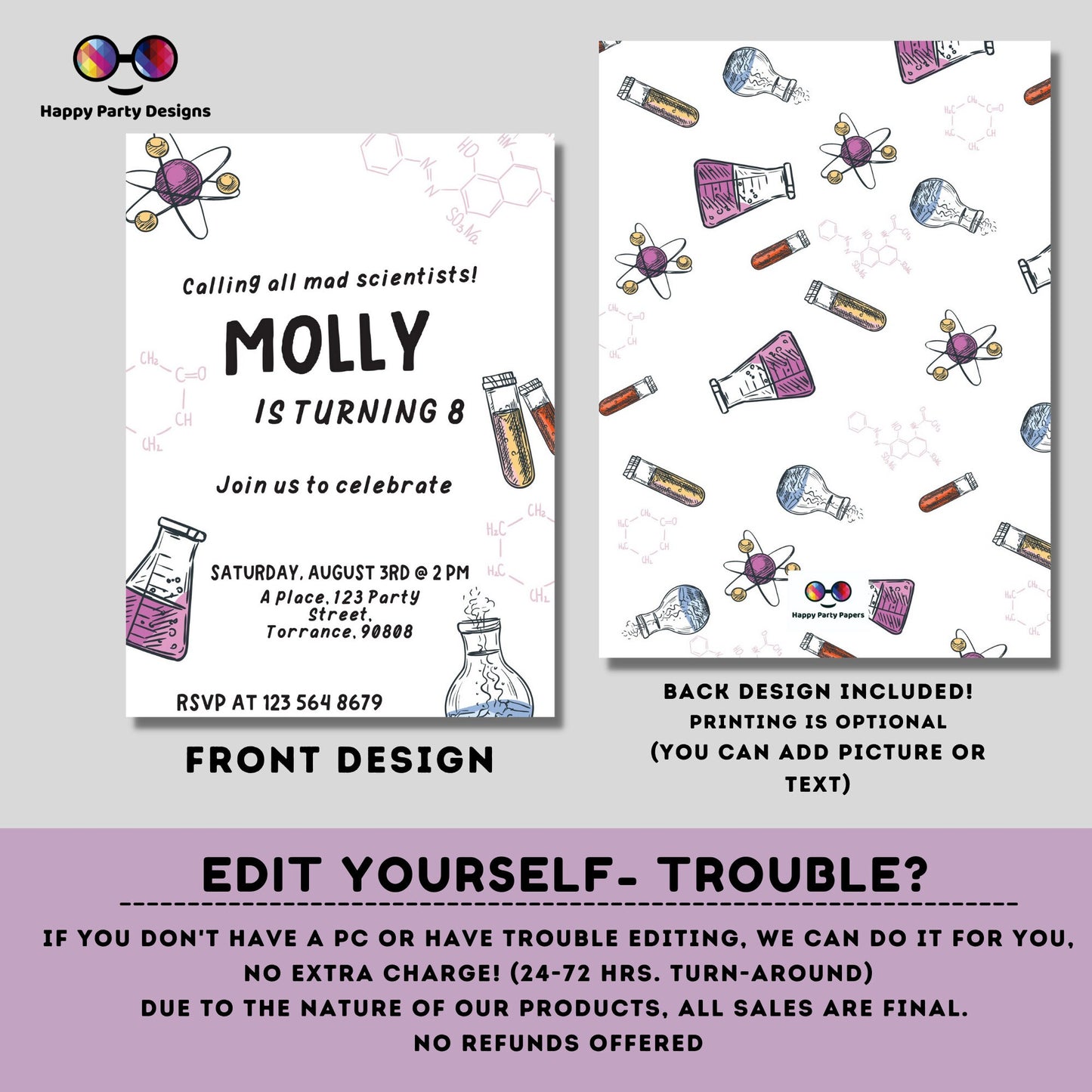 Minimalist Science Party Invitation | Mad Scientist Invitations | Birthday girl | Editable Science Birthday | girl's Science Birthday #K124
