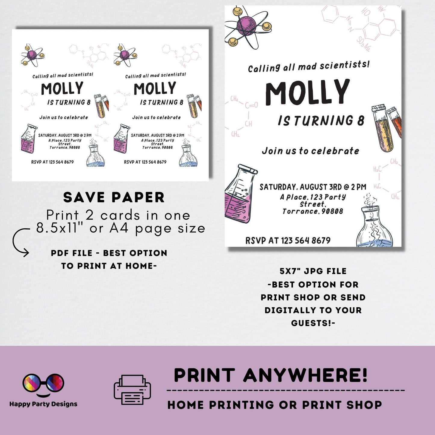 Minimalist Science Party Invitation | Mad Scientist Invitations | Birthday girl | Editable Science Birthday | girl's Science Birthday #K124