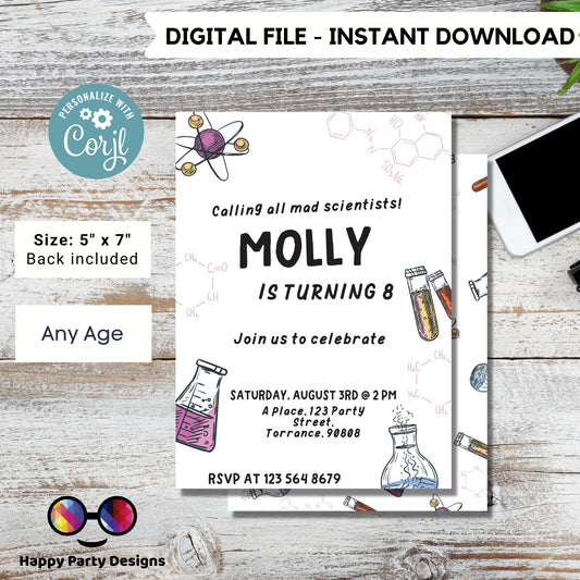 Minimalist Science Party Invitation | Mad Scientist Invitations | Birthday girl | Editable Science Birthday | girl's Science Birthday #K124