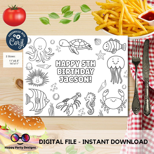 Editable Under the Sea coloring page | Placemat coloring page | Any Age | Under the Sea birthday | Under the Sea Party Activity #K93