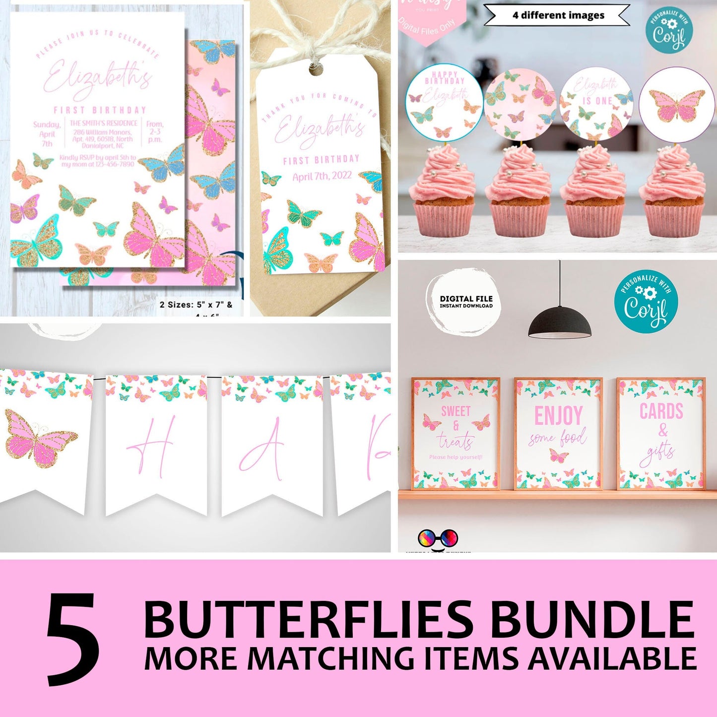 EDITABLE Butterflies invitation bundle | birthday banner, cupcake toppers, thank you tag, sign | girl birthday | Butterfly party #K9