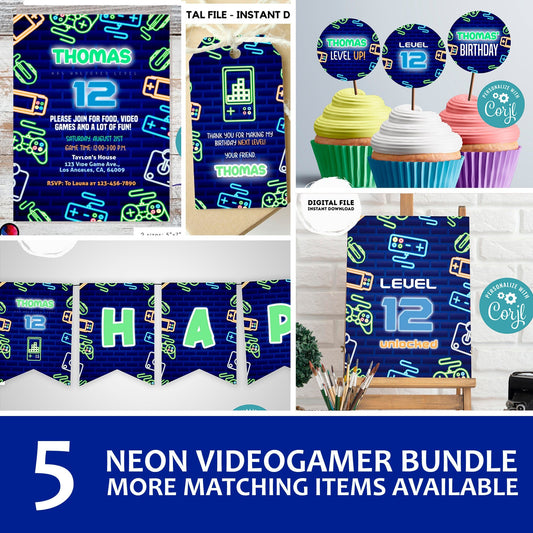 EDITABLE video gamer invitation bundle | birthday banner, cupcake toppers, thank you tag, sign | birthday | gamer party | teens party #K50