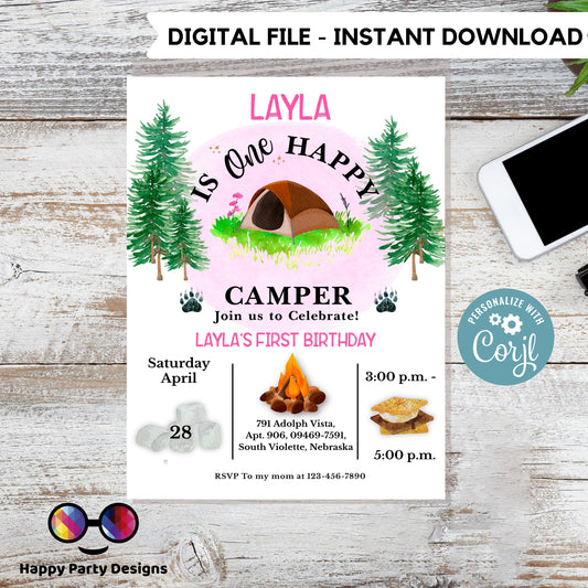 Editable Happy Camper Birthday Invitation | One Happy Camper | First Birthday | Camping Birthday Party | Instant Download | #K96