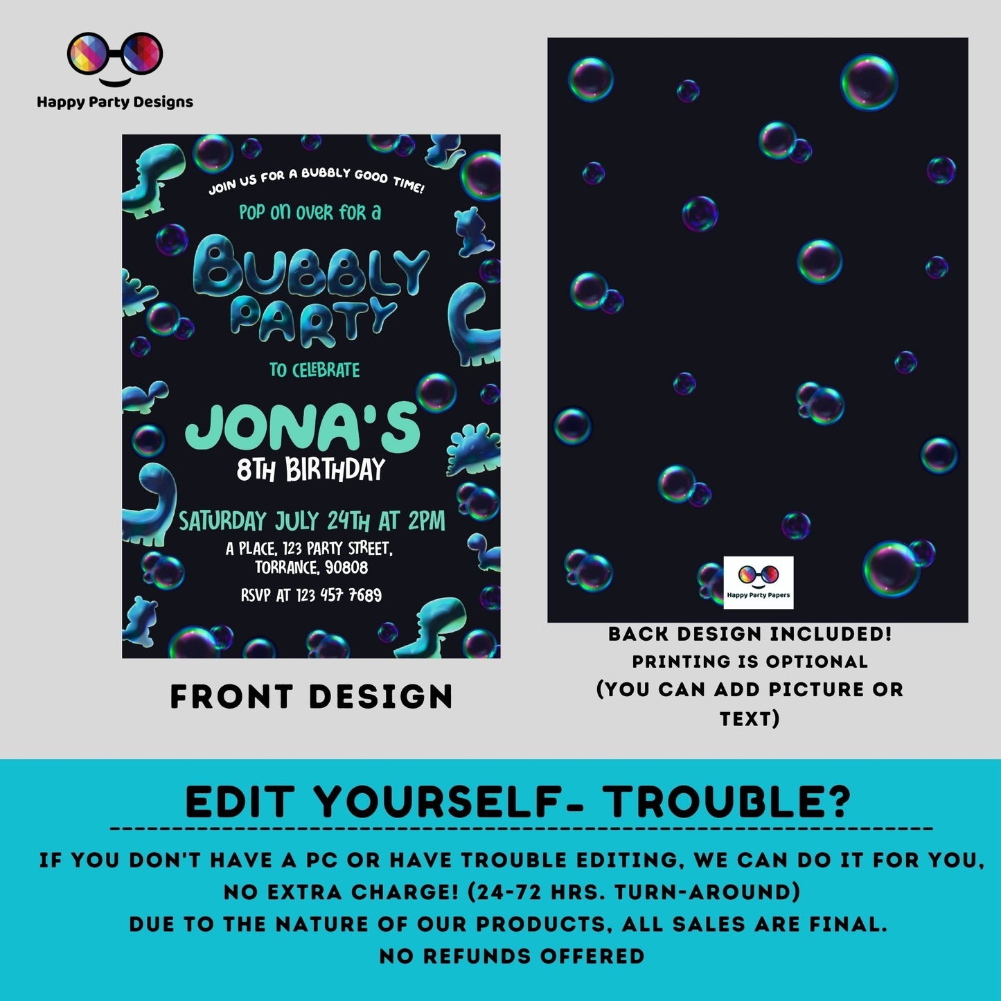 Bubbles birthday invitation | Bubble invitation | Birthday boy | dinosaur bubbles party | blowing bubbles invitation | dino bubble  #K126