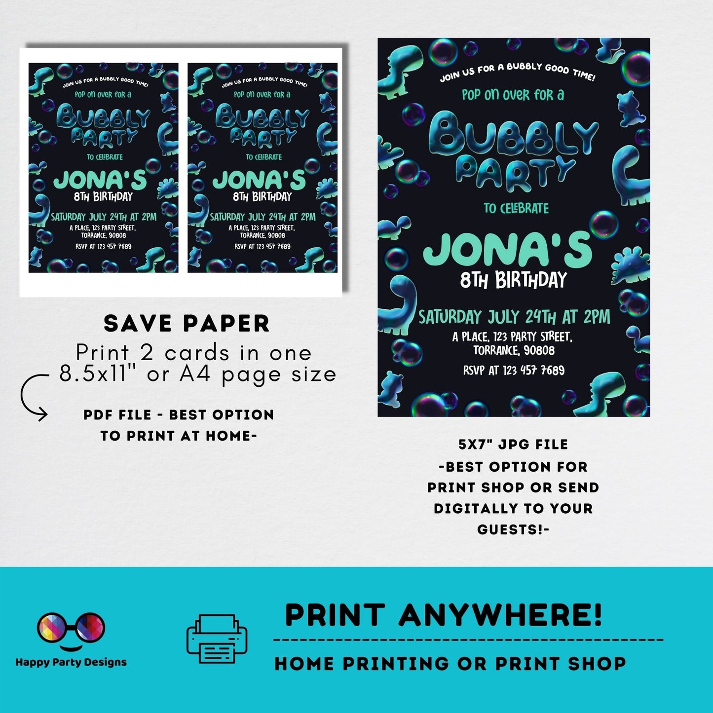 Bubbles birthday invitation | Bubble invitation | Birthday boy | dinosaur bubbles party | blowing bubbles invitation | dino bubble  #K126