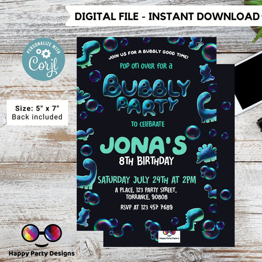 Bubbles birthday invitation | Bubble invitation | Birthday boy | dinosaur bubbles party | blowing bubbles invitation | dino bubble  #K126