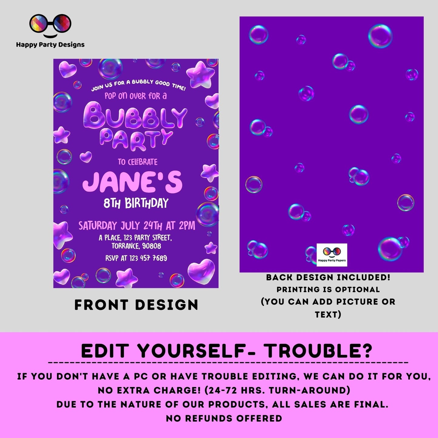 Bubbles birthday invitation | Bubble invitation | Birthday girl | bubbles party | blowing bubbles invitation | bubble birthday  #K126