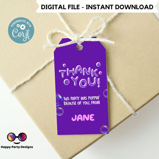 Editable bubbles Birthday Thank You Gift Tags | bubbles party Favor Tags | Birthday girl | bubble party Tags | Birthday Favor Tags #K126