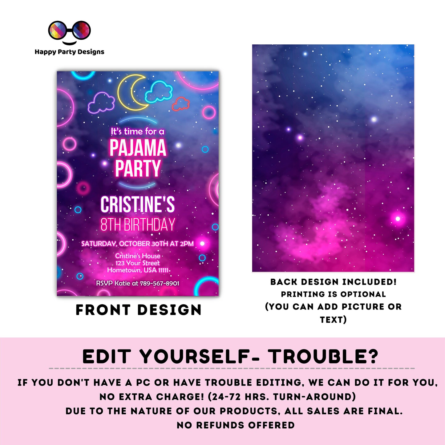 EDITABLE Girl sleepover party birthday invitation | Slumberparty Girls Invitation | Birthday Girl Instant Download Neon Sleepover Party #K99