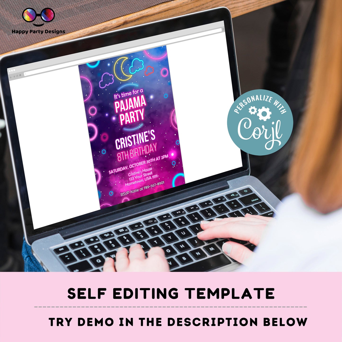 EDITABLE Girl sleepover party birthday invitation | Slumberparty Girls Invitation | Birthday Girl Instant Download Neon Sleepover Party #K99