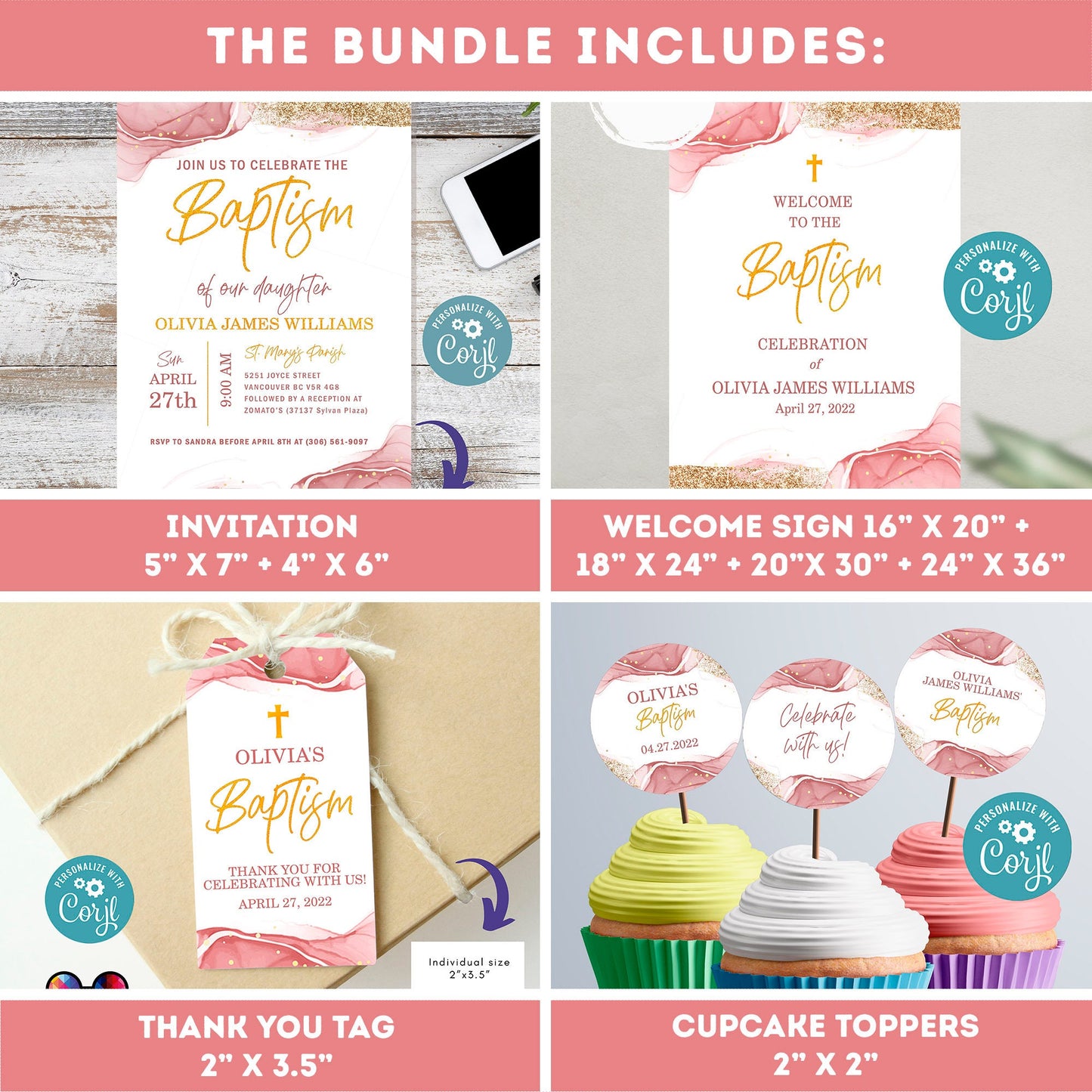 Pink Watercolor Baptism Invitation Bundle  Template | Gold Christening Baptism | Invitation Girl | Christening | Instant Download #R1