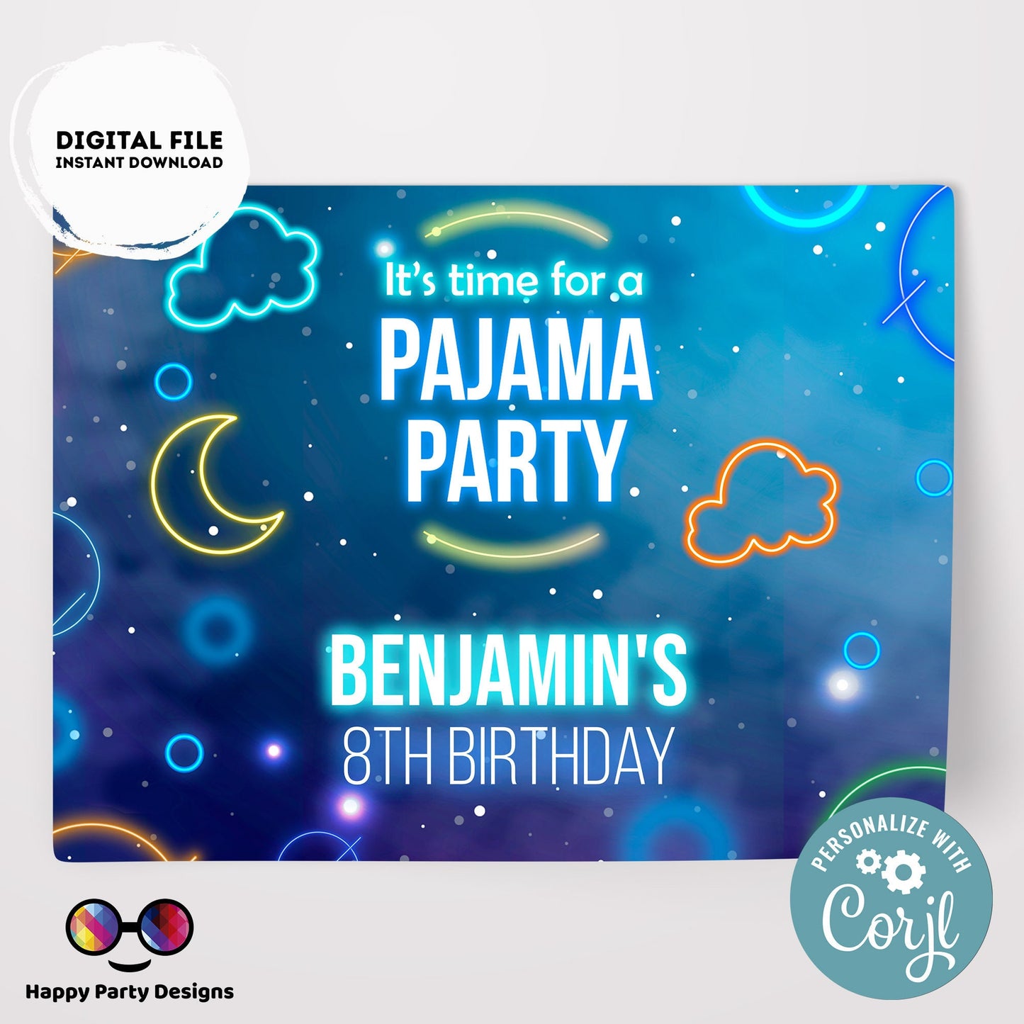EDITABLE Boys sleepover party birthday placemat | Slumberparty  Boy Placemat | Birthday Boy | Instant Download Neon Sleepover Party #K98