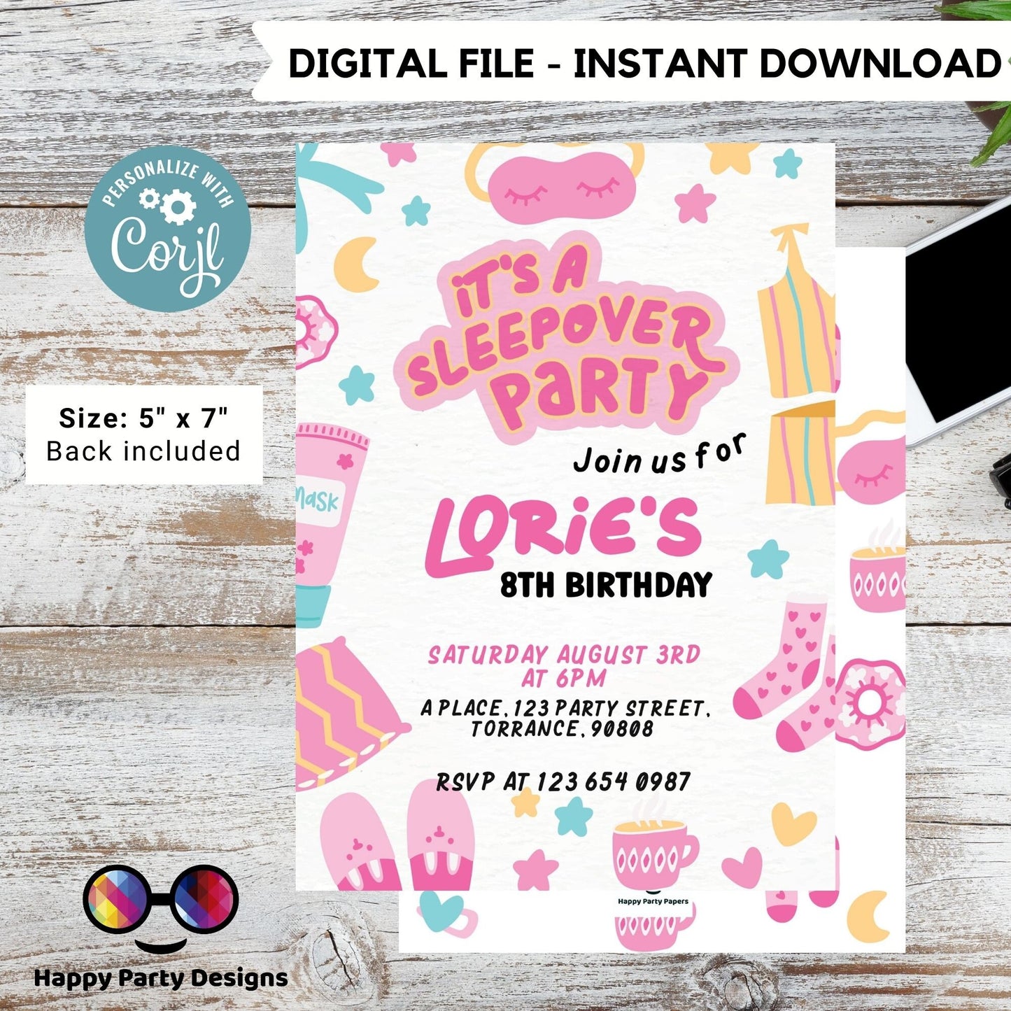 EDITABLE girls sleepover party birthday invitation | Slumber party  girl Invitation | Birthday girl | gamer Party | retro | pajama #K127