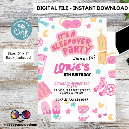 EDITABLE girls sleepover party birthday invitation | Slumber party  girl Invitation | Birthday girl | gamer Party | retro | pajama #K127