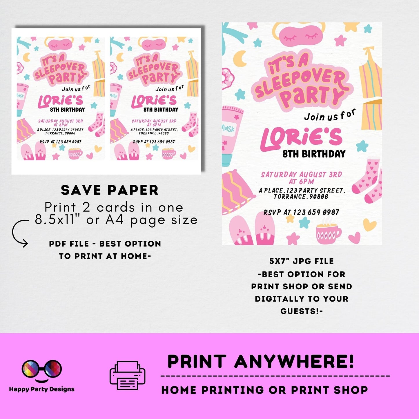 EDITABLE girls sleepover party birthday invitation | Slumber party  girl Invitation | Birthday girl | gamer Party | retro | pajama #K127