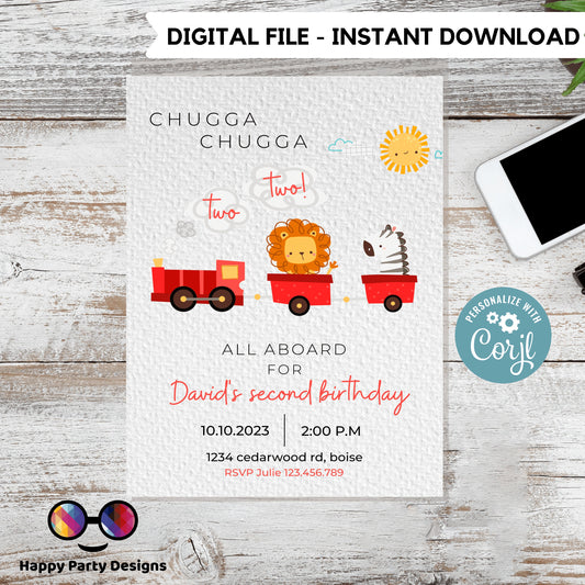 Train Invitation Chugga Chugga Two Two | Train Second Birthday Invitation | Editable Corjl Train Party | Boy Birthday Trains #K128