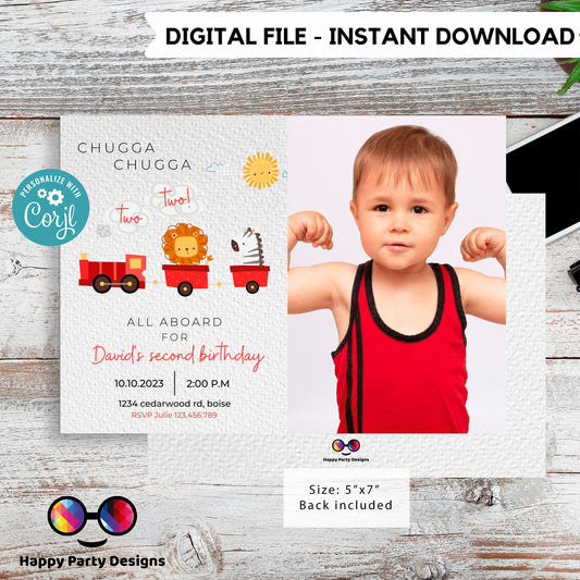 Train Invitation Chugga Chugga Two Two with photo | Train Second Birthday Invite | Editable Corjl Train Party | Boy Birthday Trains #K128