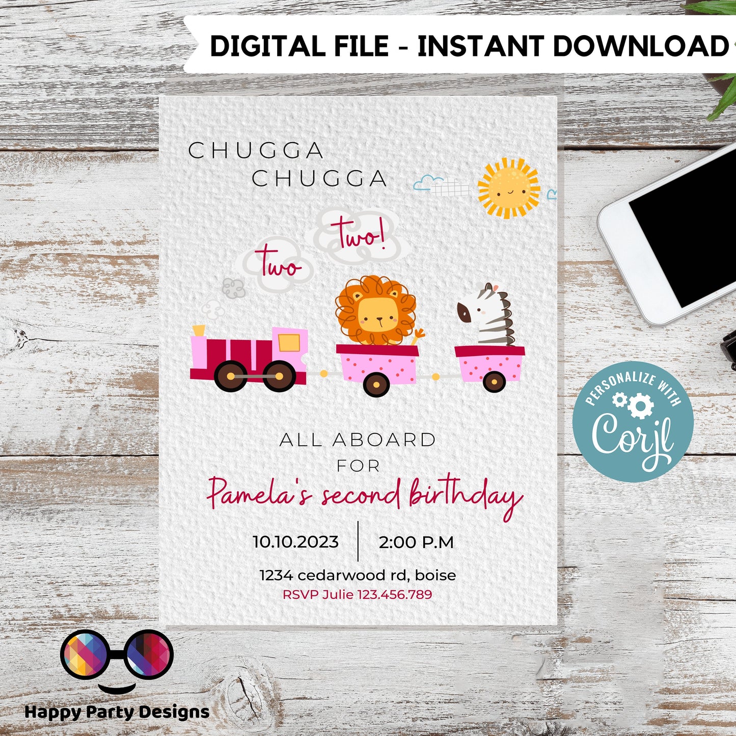 Train Invitation Chugga Chugga Two Two | Train Second Birthday Invitation | Editable Corjl Train Party | girl Birthday Trains #K128