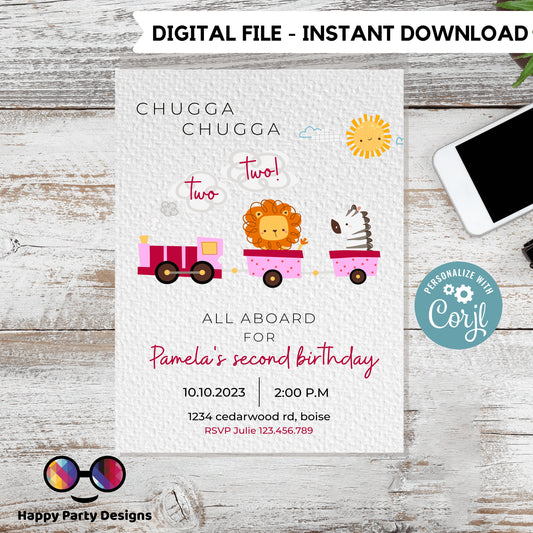 Train Invitation Chugga Chugga Two Two | Train Second Birthday Invitation | Editable Corjl Train Party | girl Birthday Trains #K128