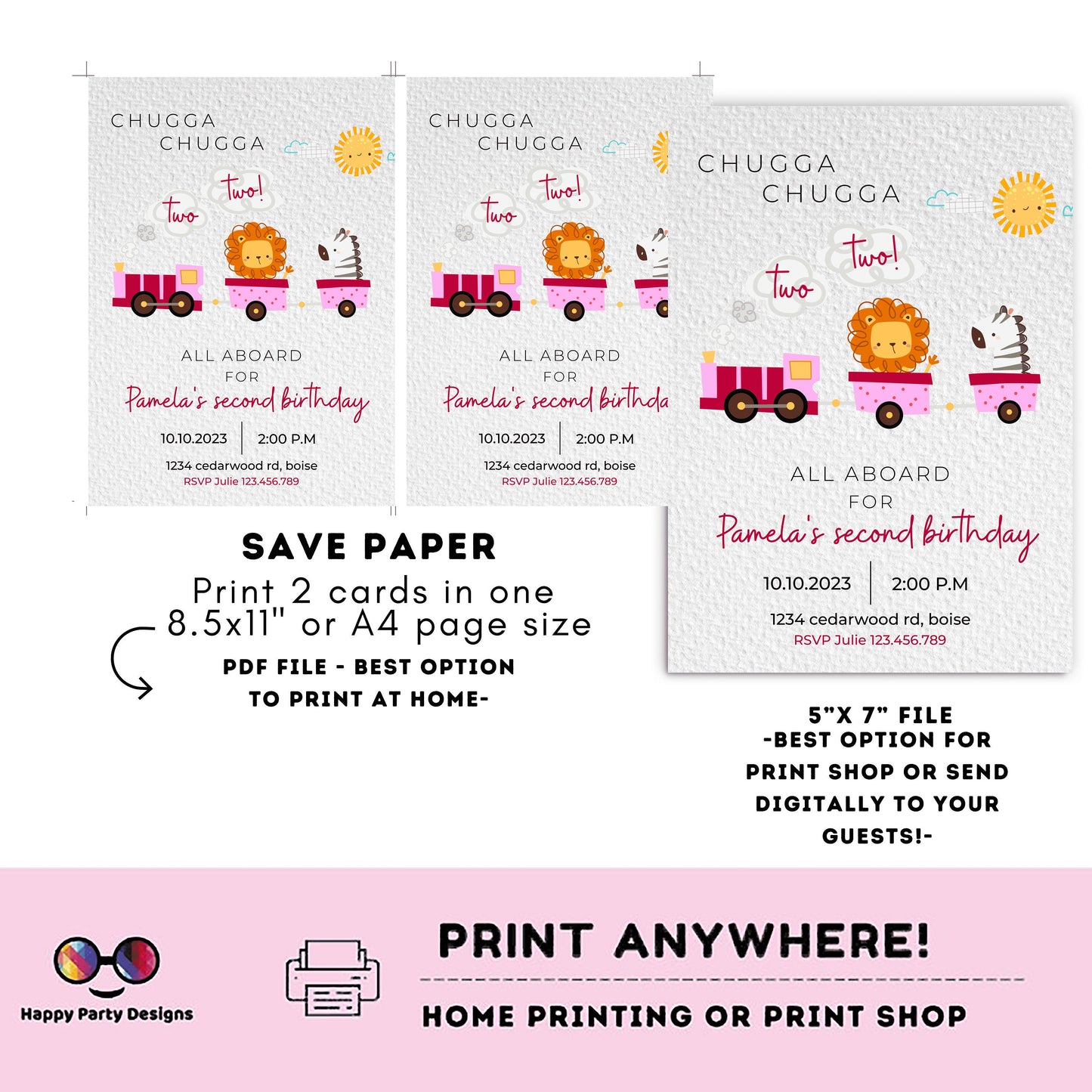 Train Invitation Chugga Chugga Two Two | Train Second Birthday Invitation | Editable Corjl Train Party | girl Birthday Trains #K128