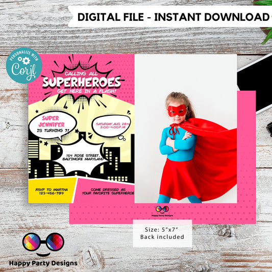 Girl Superhero Invitation with photo | Girl Superhero Comic Birthday Invite | Birthday girl | Girl Superhero Birthday Invitation  #K129