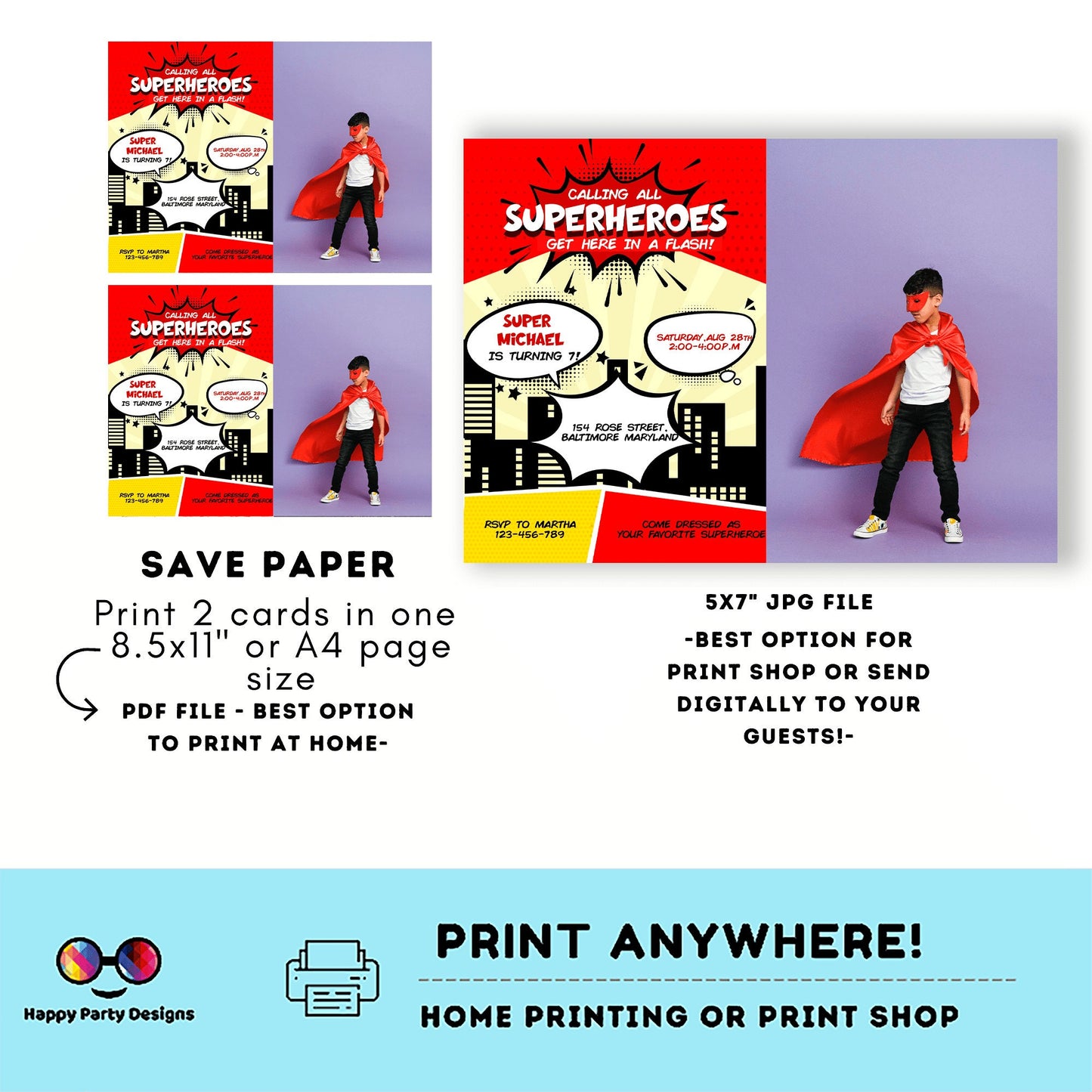 Boy Superhero Invitation with photo | boy Superhero Comic Birthday Invite | Birthday boy | boy Superhero Birthday Invitation  #K129