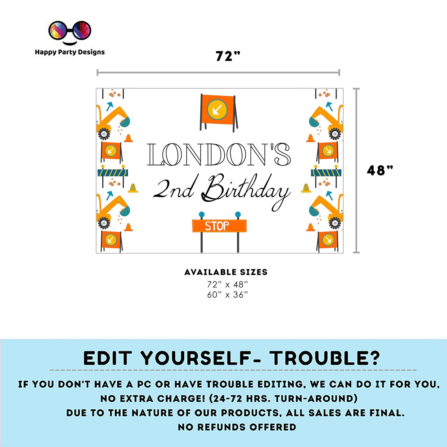 Editable Construction Backdrop | Trucks Birthday Banner | Birthday boy | Under construction party | Trucks | Construction Party #K105