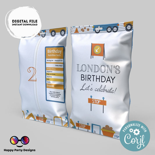 Editable under construction Chip Bag | Digital trucks printable Chip Bag | Party Snack trucks birthday boy | Personalized Favors  #K54