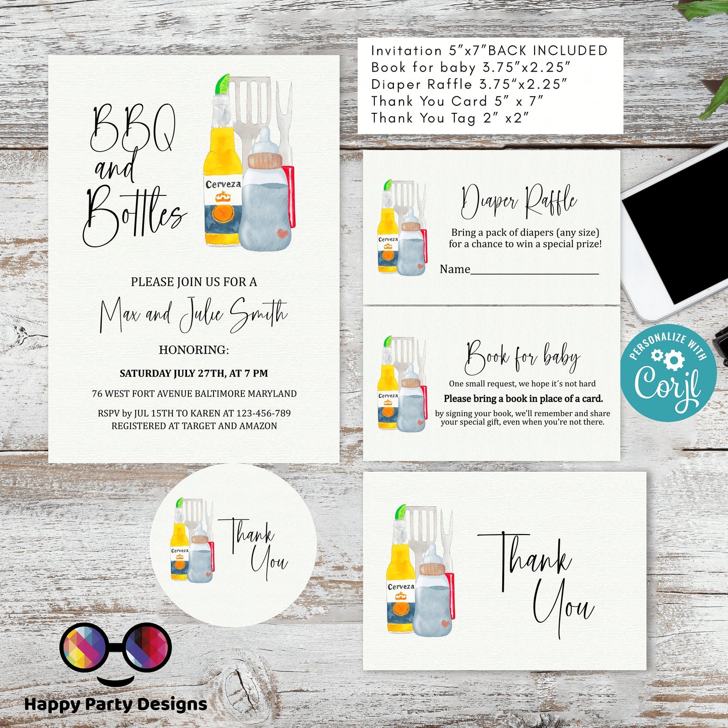 BBQ and bottles Baby shower invitation bundle | diaper raffle, books for baby, thank you tag, thank you card | summer baby shower #B25
