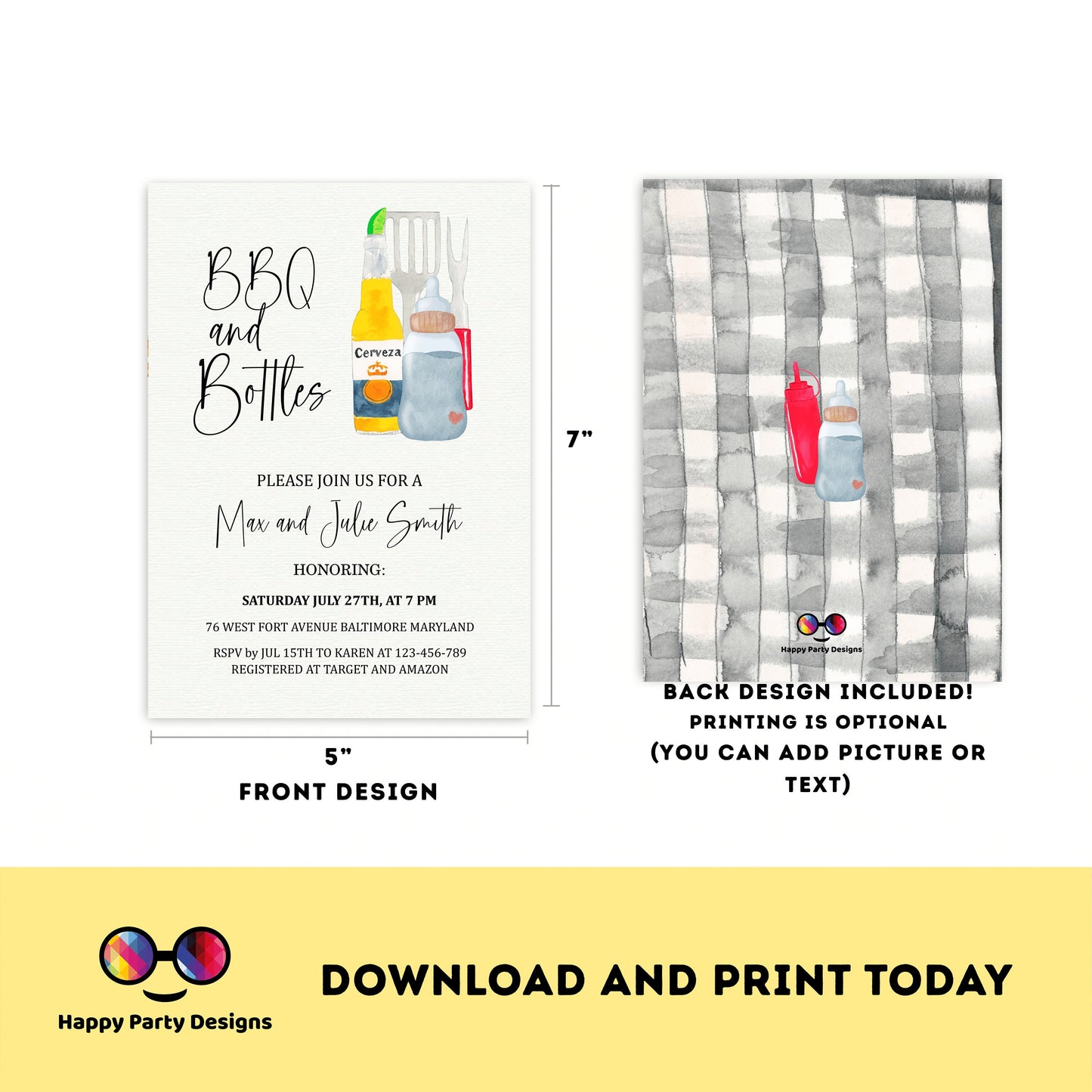 BBQ and bottles Baby shower invitation bundle | diaper raffle, books for baby, thank you tag, thank you card | summer baby shower #B25