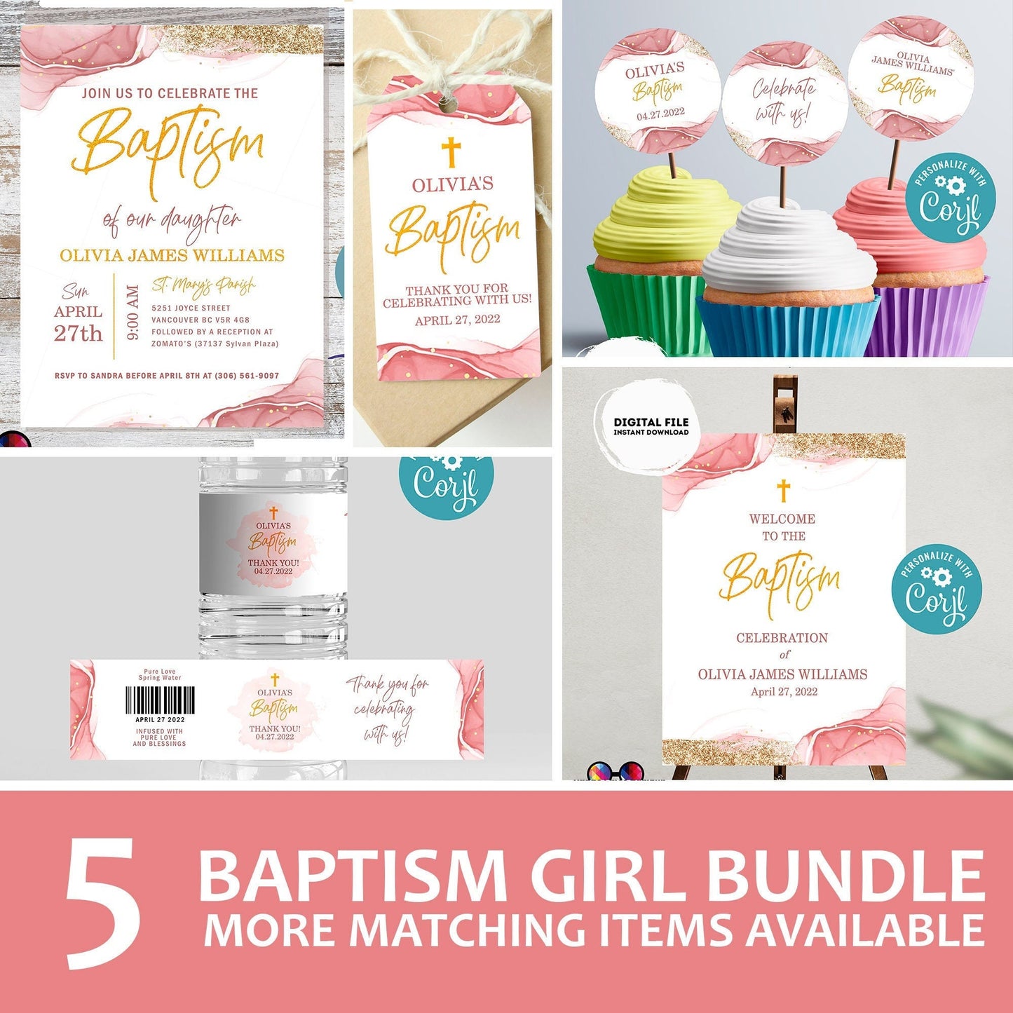 Pink Watercolor Baptism Invitation Bundle  Template | Gold Christening Baptism | Invitation Girl | Christening | Instant Download #R1