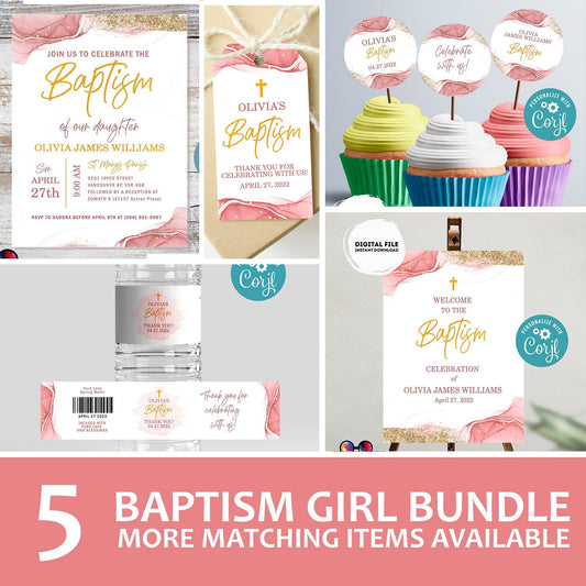 Pink Watercolor Baptism Invitation Bundle  Template | Gold Christening Baptism | Invitation Girl | Christening | Instant Download #R1