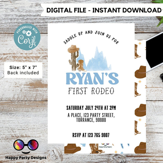 Editable Cowboy Birthday Party Invitation | Wild West Cowboy 1st Rodeo Birthday | Birthday boy | Party Southwestern | Ranch Birthday #K135