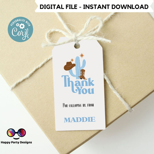 editable Rodeo Thank You Favor Tag | Boho Cowboy 1st Birthday Printable Gift Tag  | Birthday boy | Western Bday Editable Template #K136