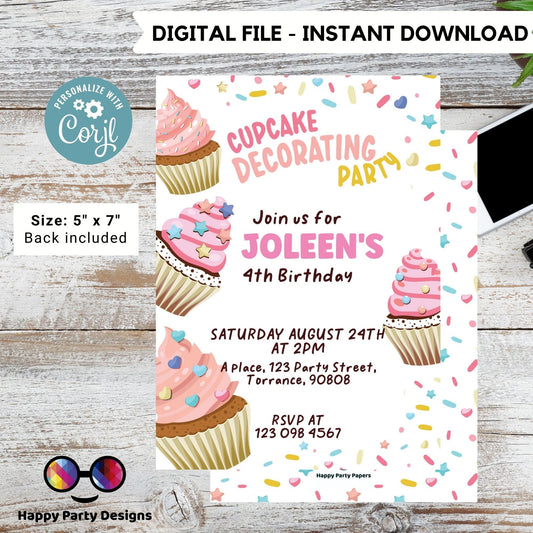 Cupcake Decorating Party Invitation | Cupcake Invitation Cupcake | Birthday girl | Decorating Invitation Girl party #K138