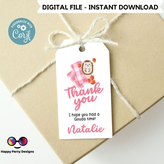 Picnic Birthday Thank You Tags | Picnic Gift Tags | Thank you tags | Birthday girl | Party Bag Tags | hedgehog  #K139
