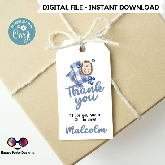 Picnic Birthday Thank You Tags | Picnic Gift Tags | Thank you tags | Birthday boy | Party Bag Tags | hedgehog  #K139