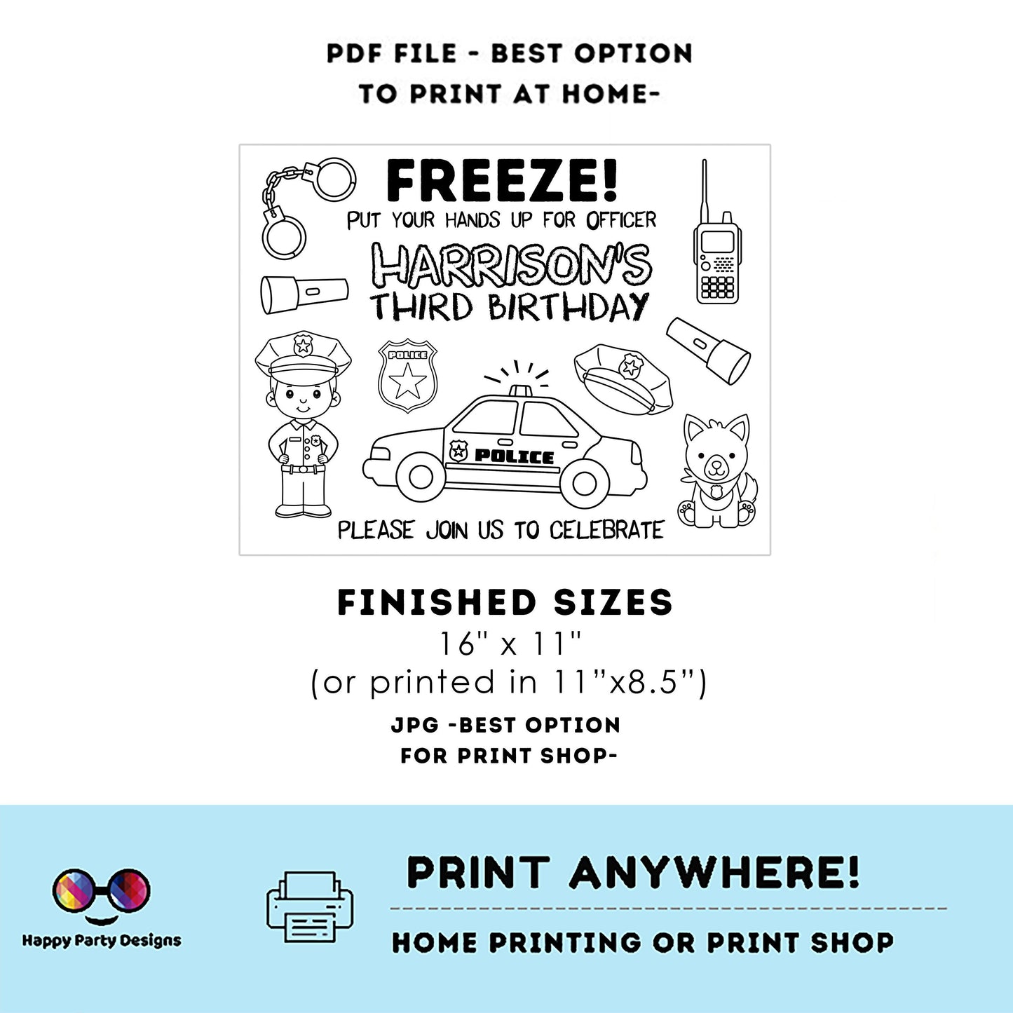 Editable police coloring page  | police Party | Police Boy Placemat | Editable Instant Download | Edit Online Corjl | INSTANT ACCESS #K111